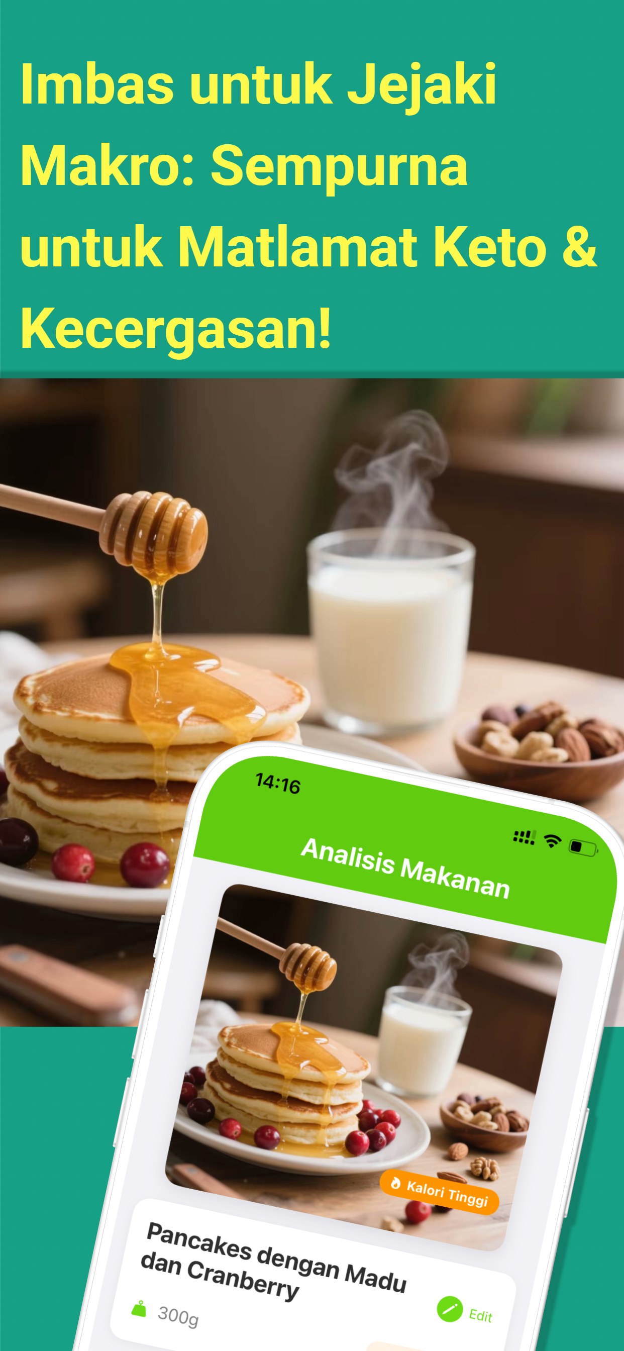Antara muka aplikasi Diet Scan AI menunjukkan analisis foto makanan bertenaga AI dan penjejakan nutrisi